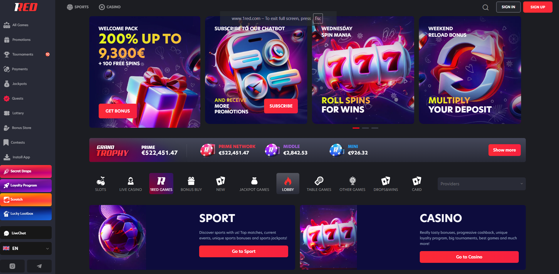 1red casino home page