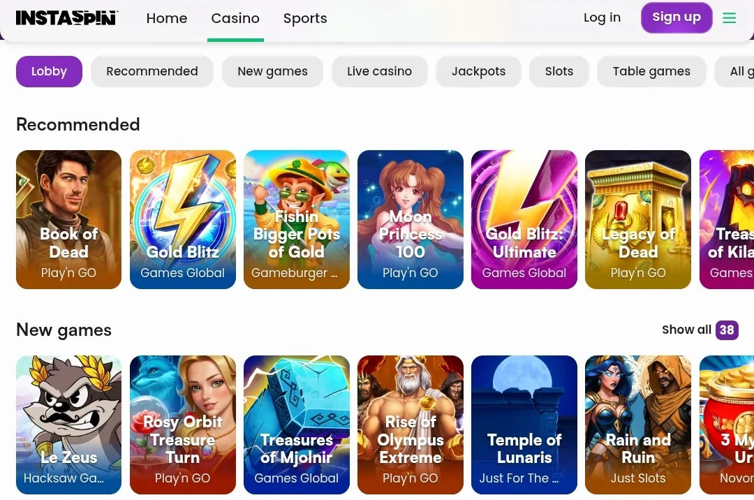 instaspin casino game lobby
